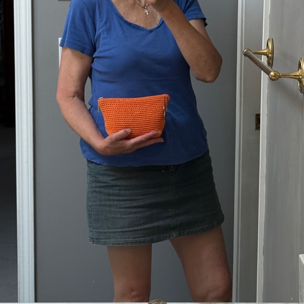 The Sak Bright Orange woven crochet Clutch case cosmetic makeup bag boho purse - Picture 2 of 9